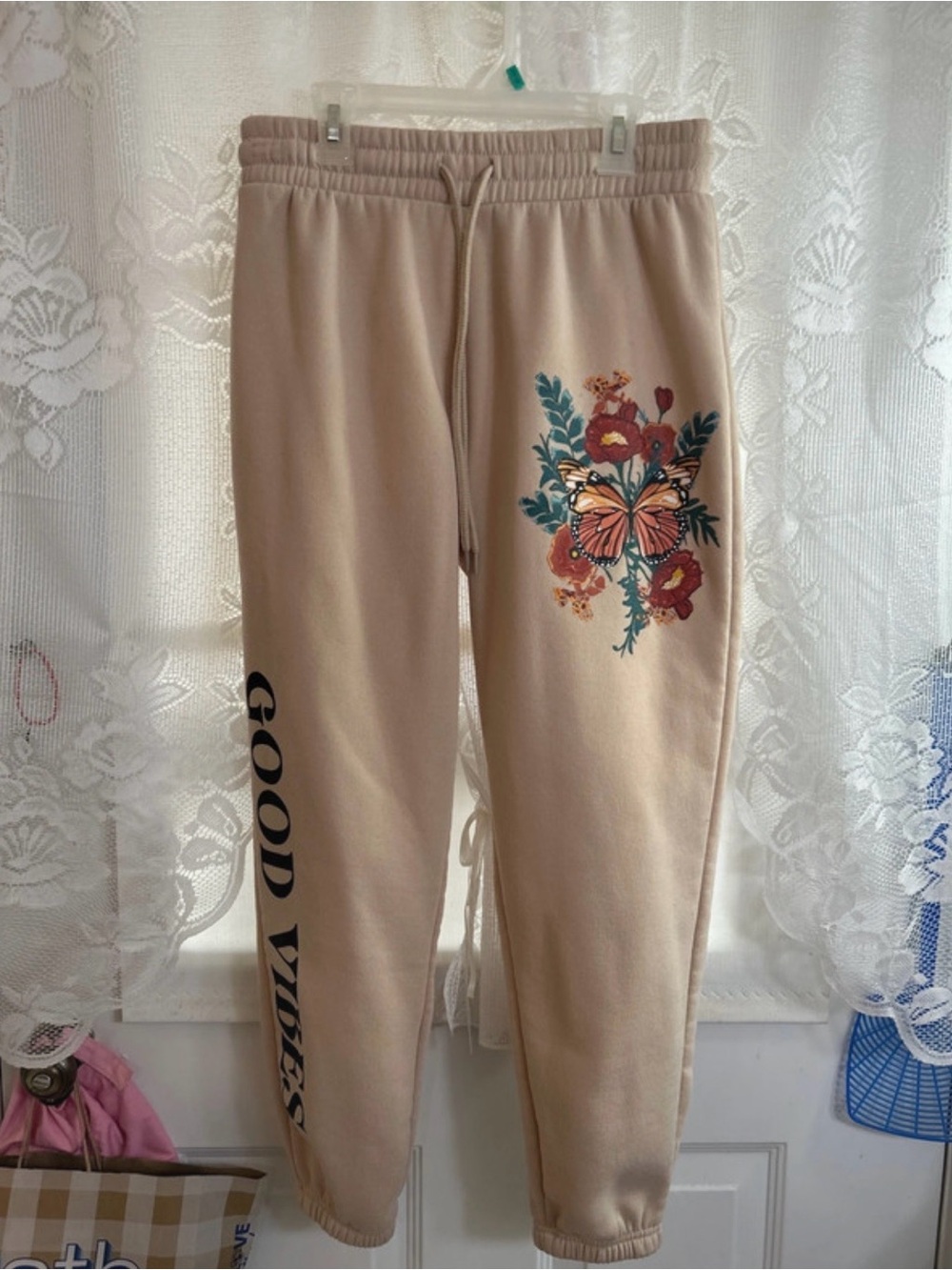 Common Stitch Beige Butterfly Floral Joggers with 'Good Vibes' Print Size Medium